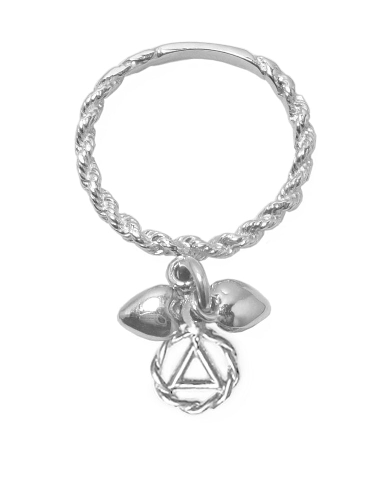 Sterling Silver Dangle Ring, Twist Wire Style with a small Alcoholics Anonymous AA Circle Triangle Charm and 2 Hearts