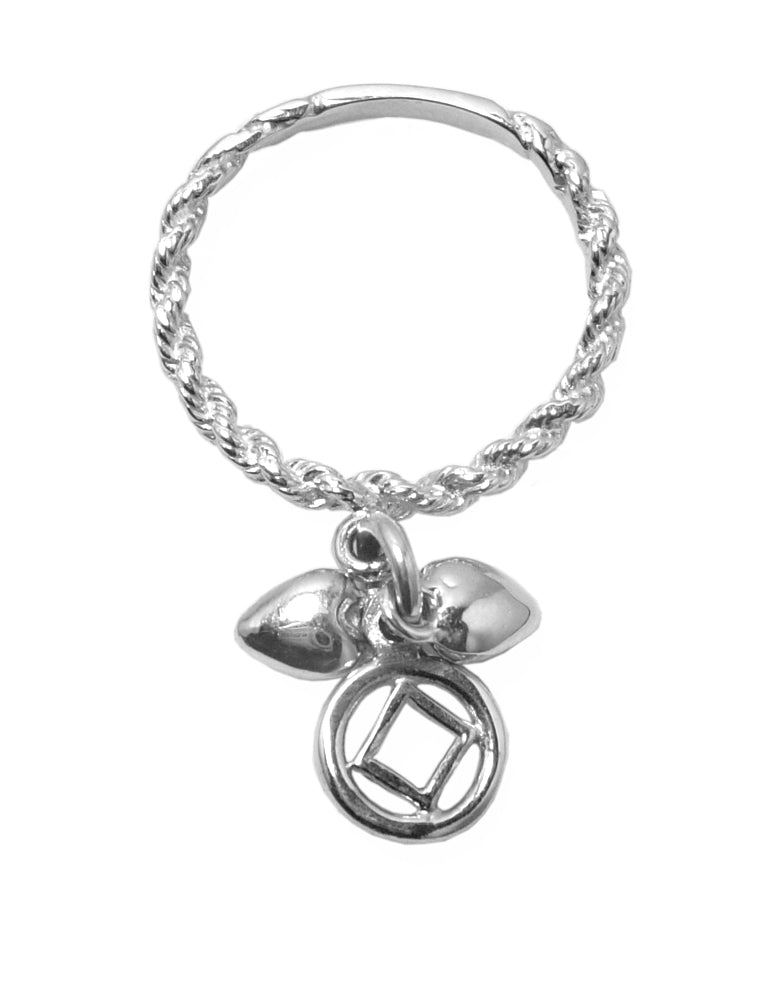 Sterling Silver Dangle Ring, Twist Wire Style with a small Narcotics Anonymous NA Symbol Charm and 2 Hearts