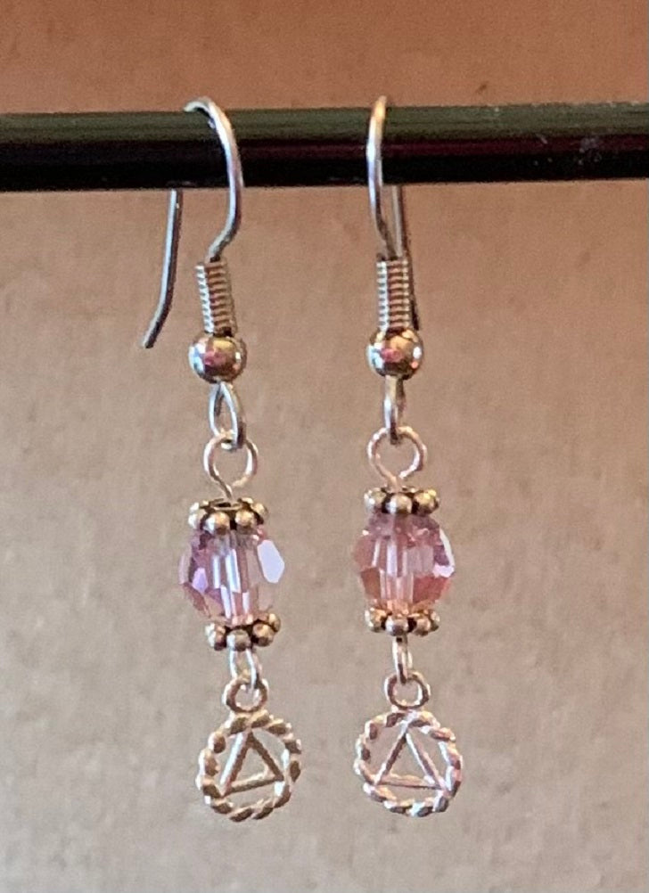 Alcoholics Anonymous Sterling Silver, Alcoholics Anonymous Circle Triangle Beaded Earrings # 12SGBE6