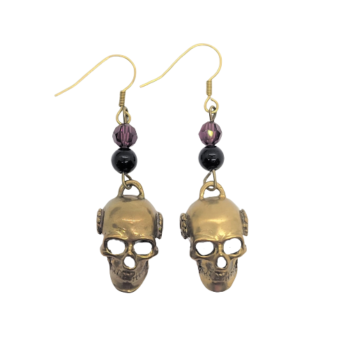 Beaded Earrings Alcoholics Anonymous AA Antique Brass Finish 3d Skull