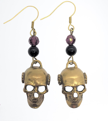 Beaded Earrings Alcoholics Anonymous AA Antique Brass Finish 3d Skull