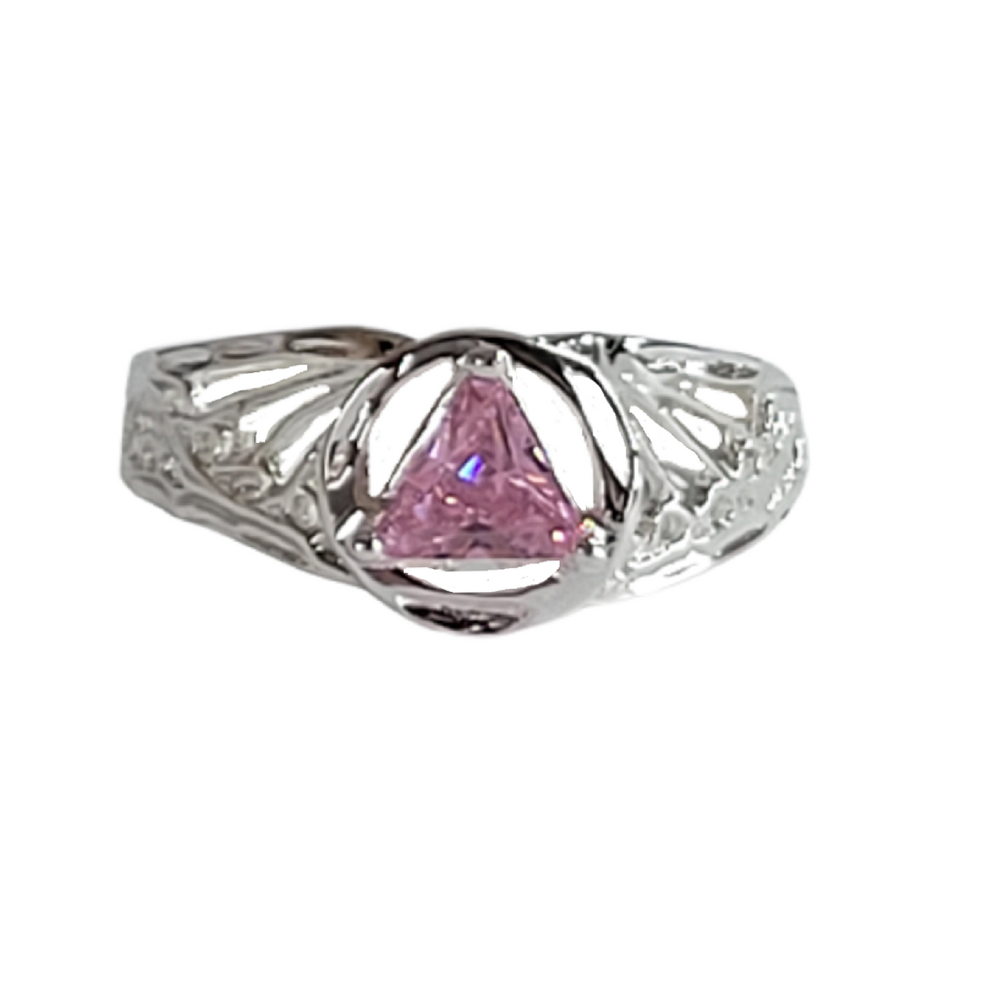 Sterling Silver Ring Alcoholics Anonymous AA Symbol with a 5X5mm CZ Triangle, Filigree Style