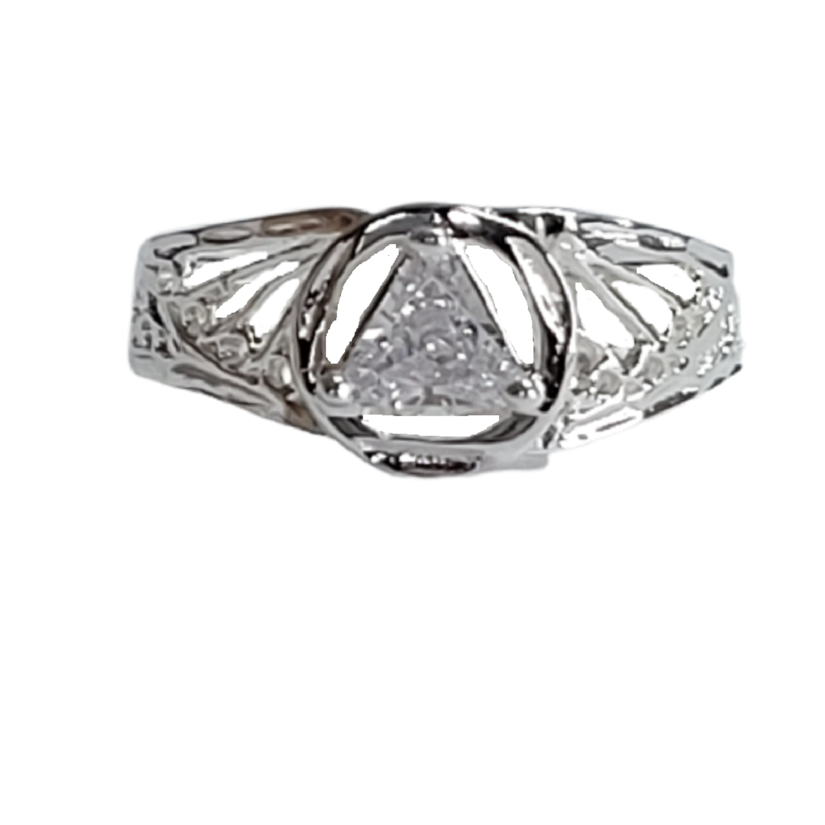 Sterling Silver Ring Alcoholics Anonymous AA Symbol with a 5X5mm CZ Triangle, Filigree Style