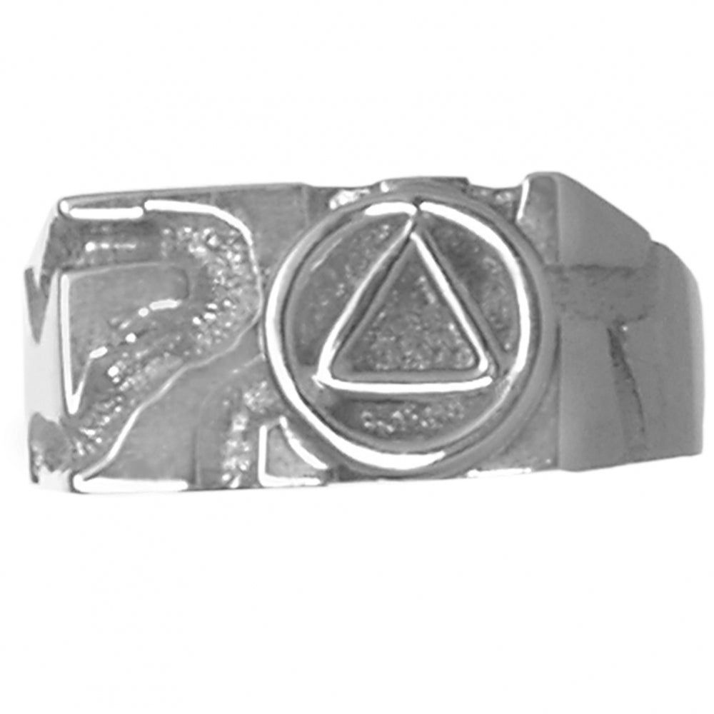 Sterling Silver Ring Rectangular Ravine Textured Style Men's Alcoholics Anonymous AA Symbol