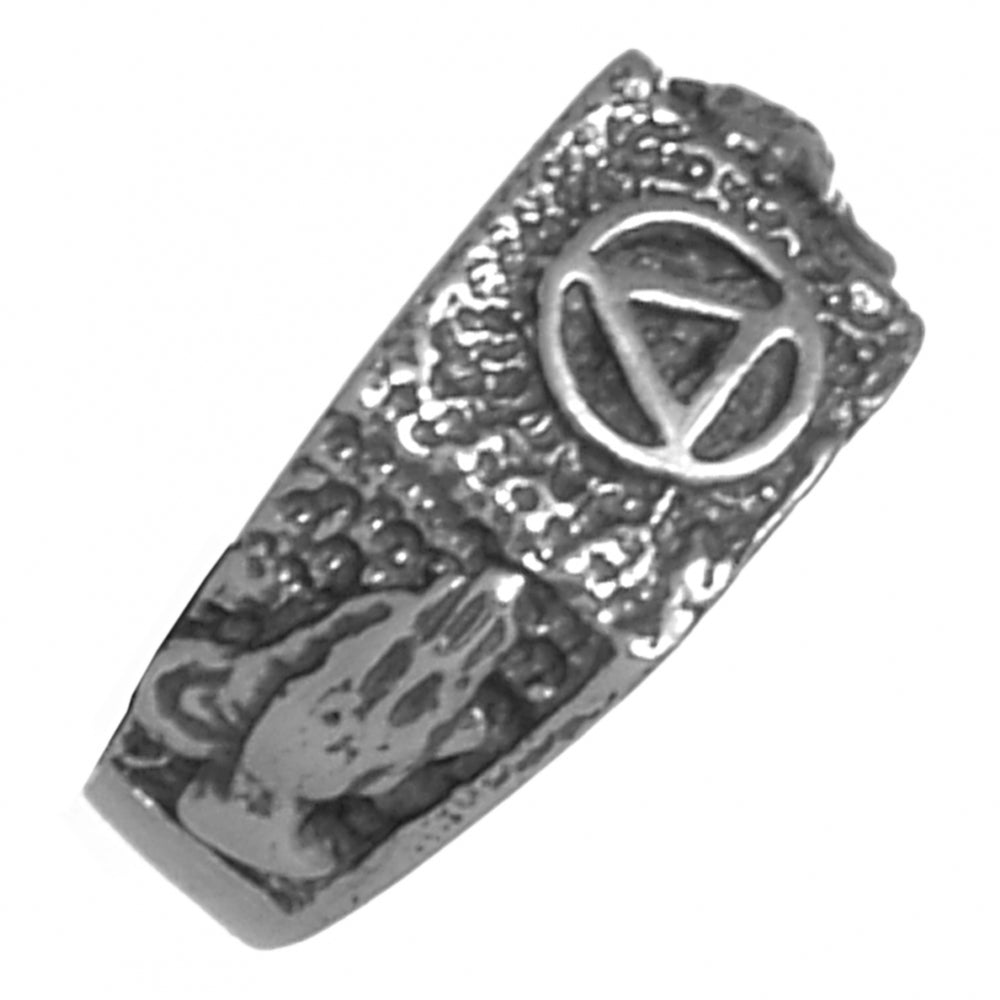 Sterling Silver Mens Square Style Ring with Alcoholics Anonymous AA Symbol in the Center and Praying Hands on each side of the Band