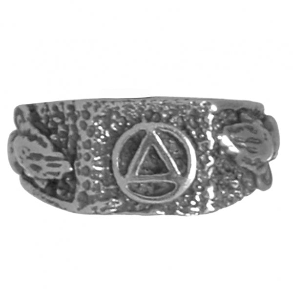 Sterling Silver Mens Square Style Ring with Alcoholics Anonymous AA Symbol in the Center and Praying Hands on each side of  the Band