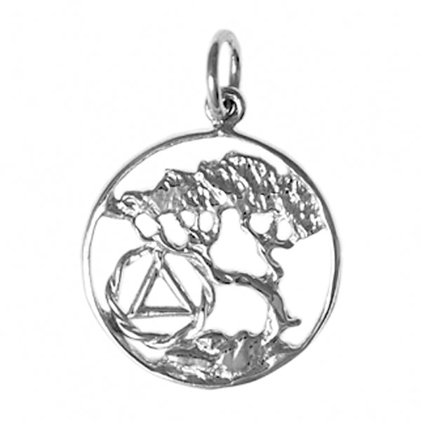 Sterling Silver Pendant, Alcoholics Anonymous AA Recovery Symbol with a Beautiful Tree of Life