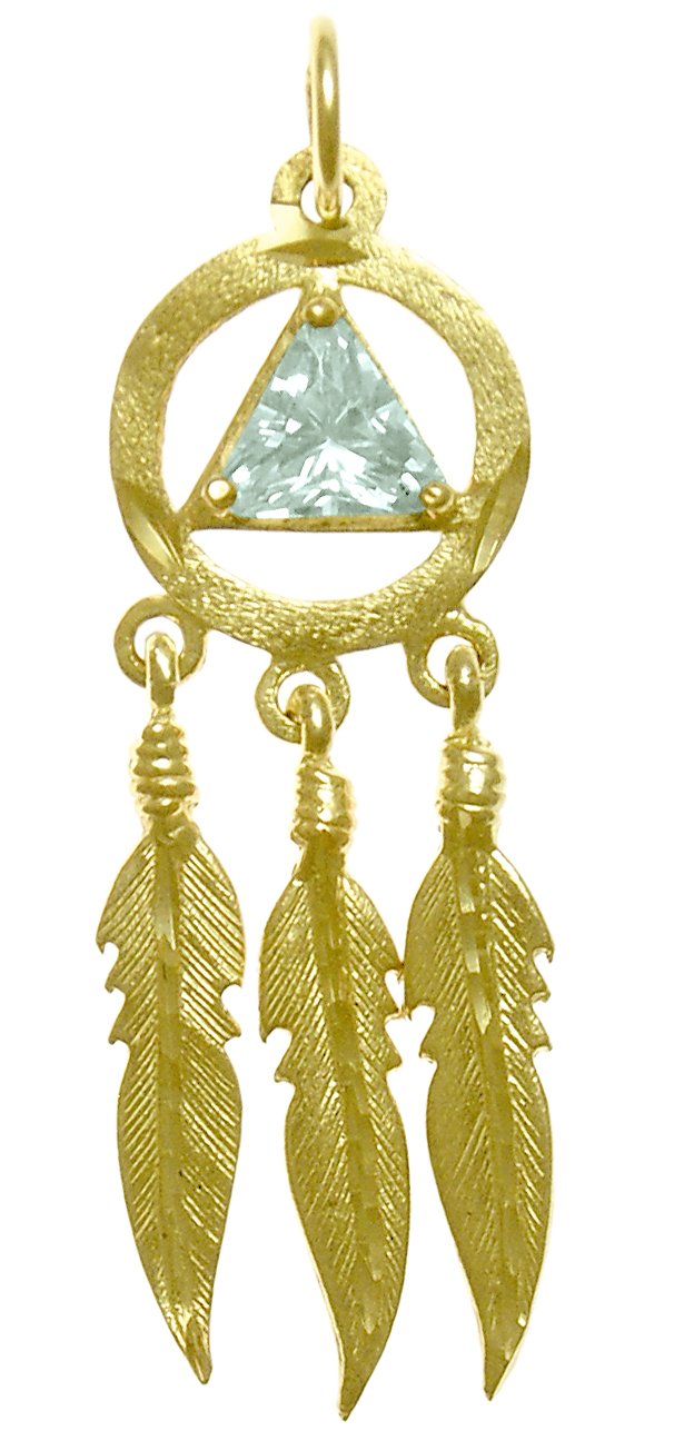 14k Gold Pendant, Alcoholics Anonymous AA Symbol with 3 Feathers, Available in 12 Different Birthstones