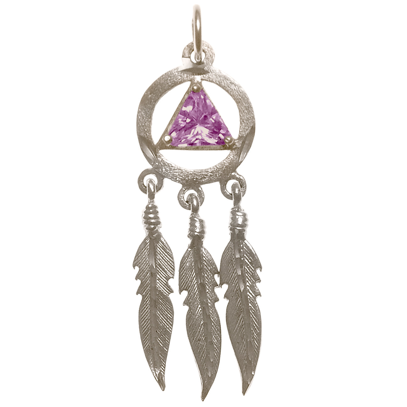 Sterling Silver AA Pendant – 3 Feathers with 6mm Triangle CZ Birthstone, 2.8g, Available in 12 Colors