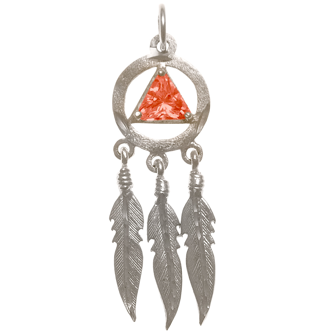 Sterling Silver AA Pendant – 3 Feathers with 6mm Triangle CZ Birthstone, 2.8g, Available in 12 Colors