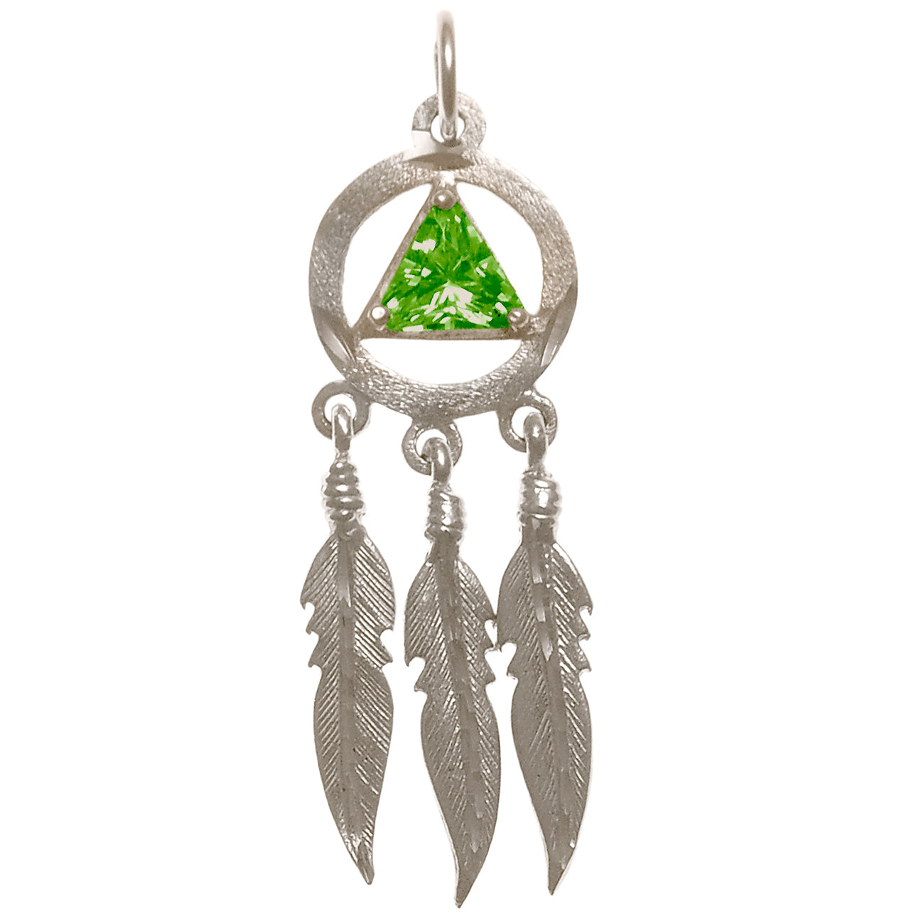 Sterling Silver AA Pendant – 3 Feathers with 6mm Triangle CZ Birthstone, 2.8g, Available in 12 Colors