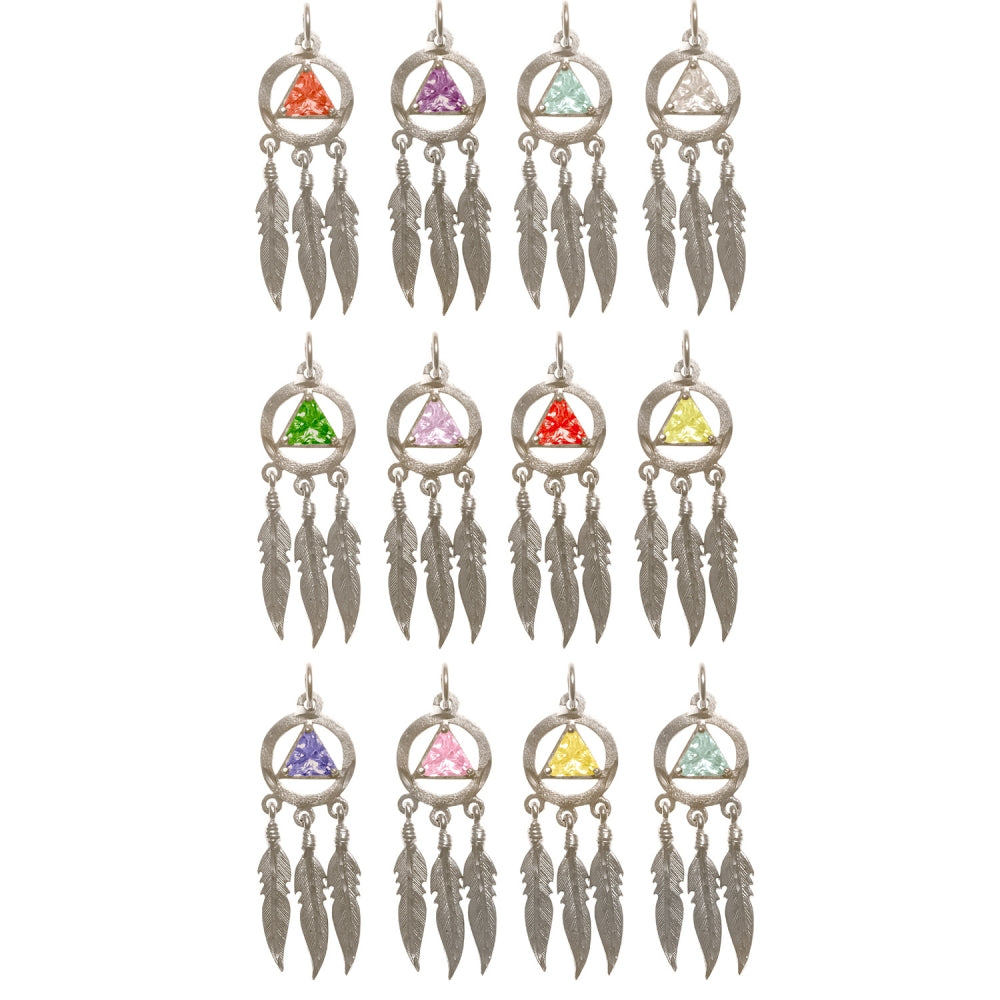 Sterling Silver Earrings, Alcoholics Anonymous AA Symbol w/3 Feathers, Available in 12 Different 6mm Triangle Colored CZ Birthstones