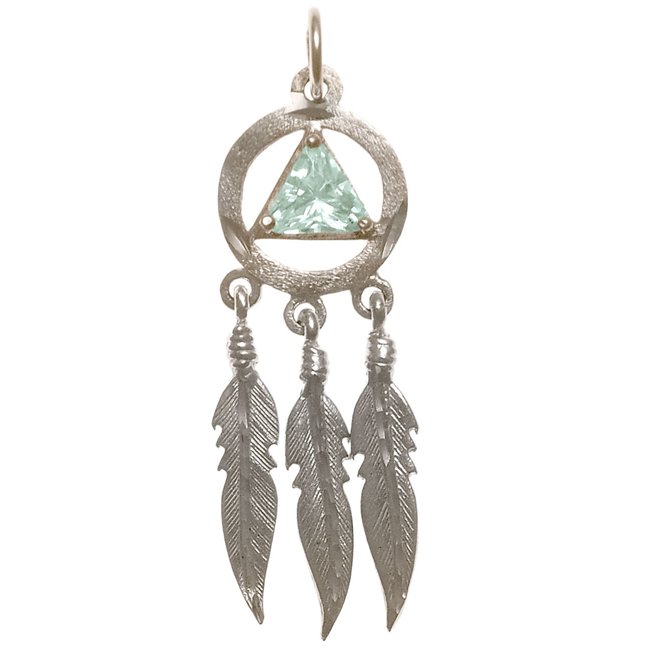 Sterling Silver AA Pendant – 3 Feathers with 6mm Triangle CZ Birthstone, 2.8g, Available in 12 Colors