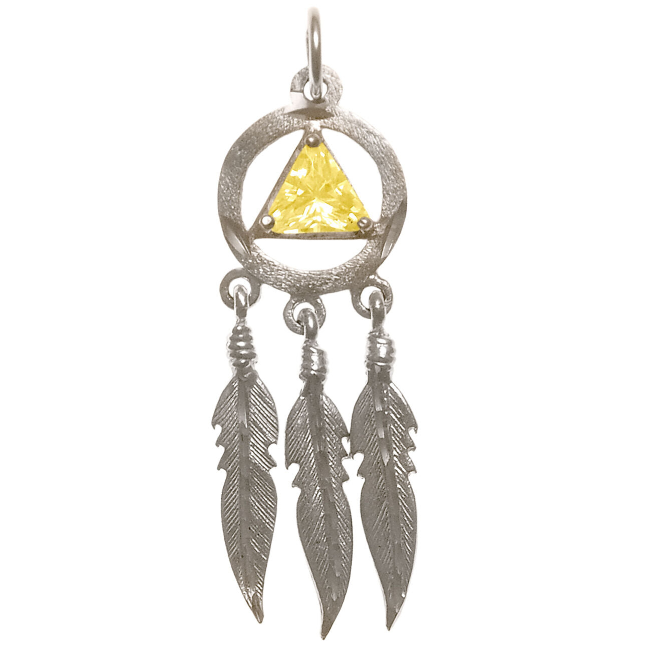 Sterling Silver AA Pendant – 3 Feathers with 6mm Triangle CZ Birthstone, 2.8g, Available in 12 Colors