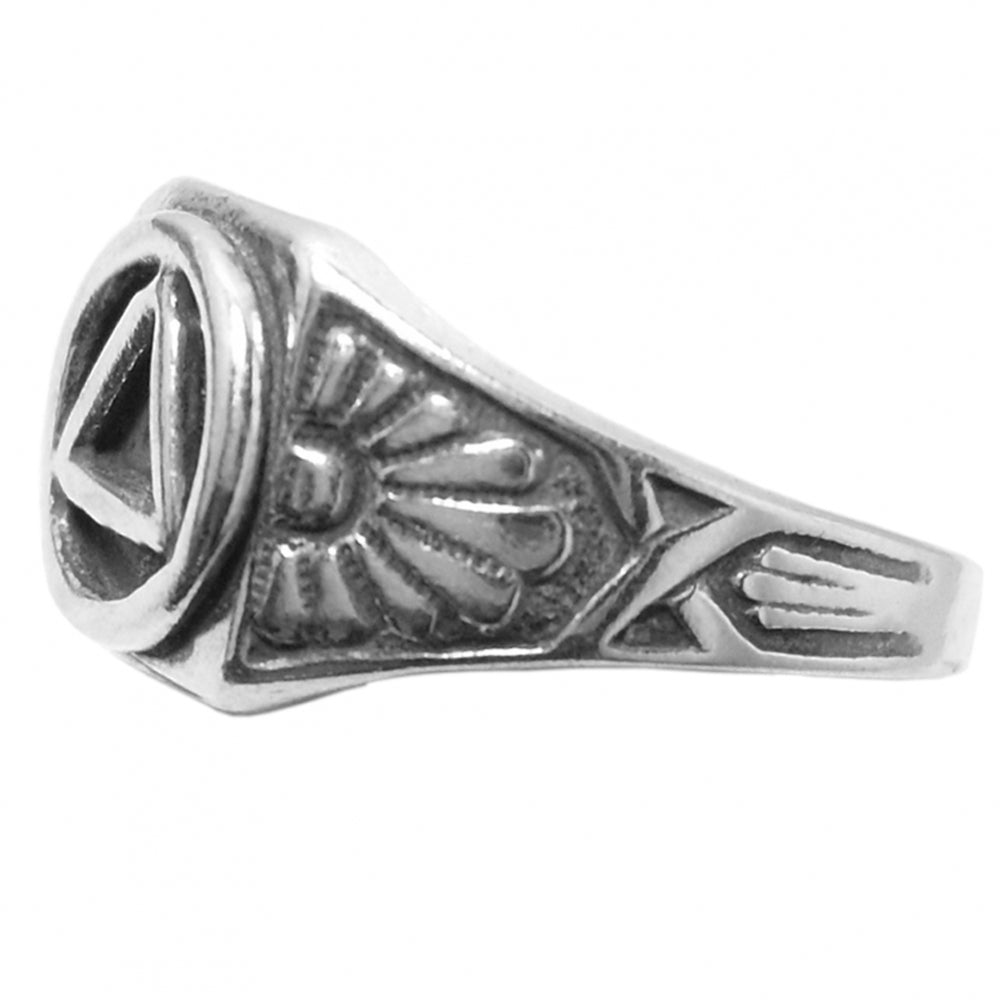 Sterling Silver Ring, Alcoholics Anonymous AA Circle Triangle With Sunrise on both sides of Symbol