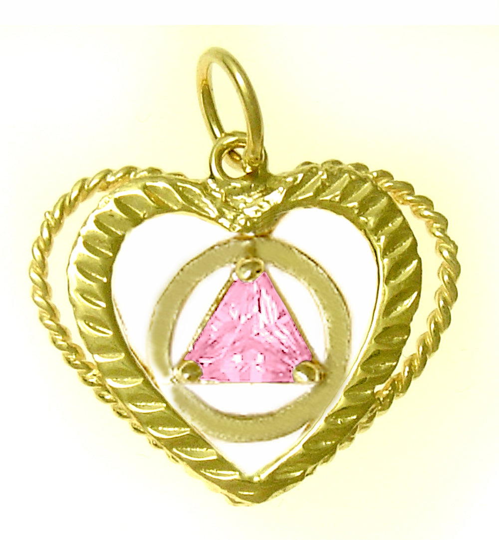 14k Gold Pendant, Alcoholics Anonymous AA Symbol set in a Open Heart, Available in 12 Different Triangle Birthstones