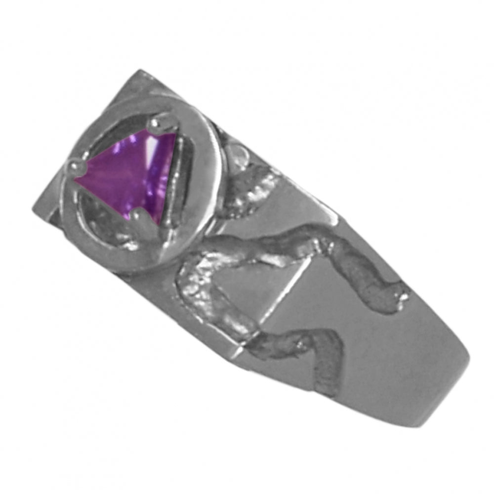 Sterling Silver Mens Ring Rectangular Ravine Textured Style Alcoholics Anonymous AA Symbol with a 5X5mm CZ Triangle in Purple Amethyst Color