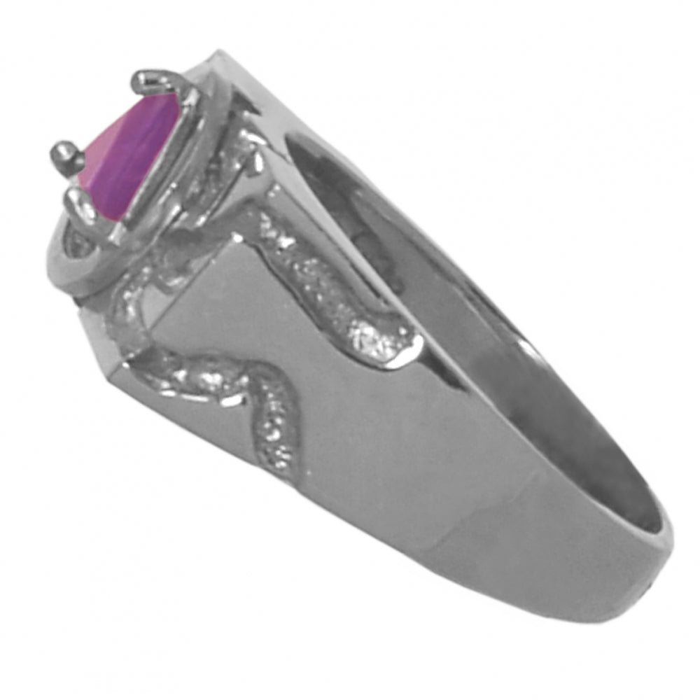 Sterling Silver Mens Ring Rectangular Ravine Textured Style Alcoholics Anonymous AA Symbol with a 5X5mm CZ Triangle in Purple Amethyst Color