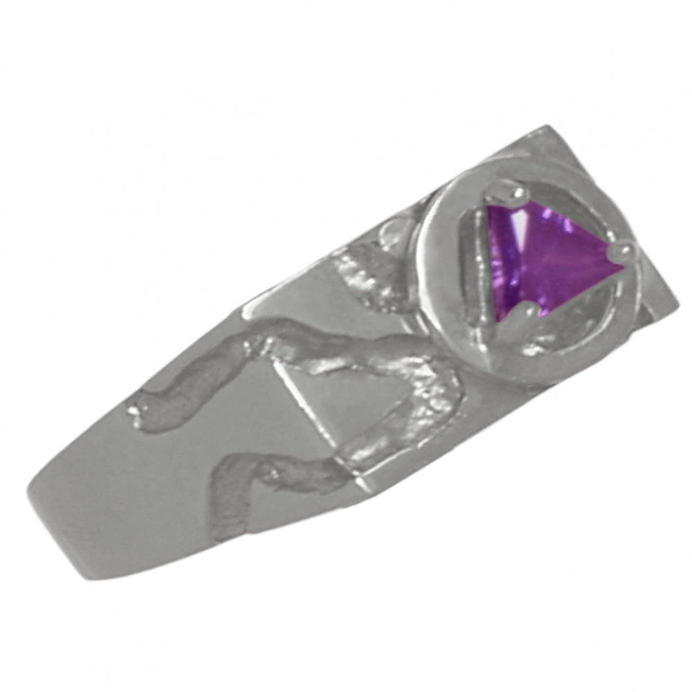 Sterling Silver Mens Ring Rectangular Ravine Textured Style Alcoholics Anonymous AA Symbol with a 5X5mm CZ Triangle in Purple Amethyst Color