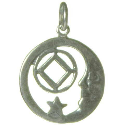 Sterling Silver, Moon and Star Pendant with Narcotics Anonymous NA Symbol, Medium Size