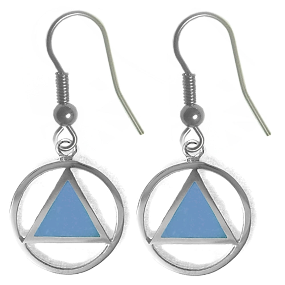 Sterling Silver Earrings, Alcoholics Anonymous AA Symbol with Turquoise Blue Enamel Inlay