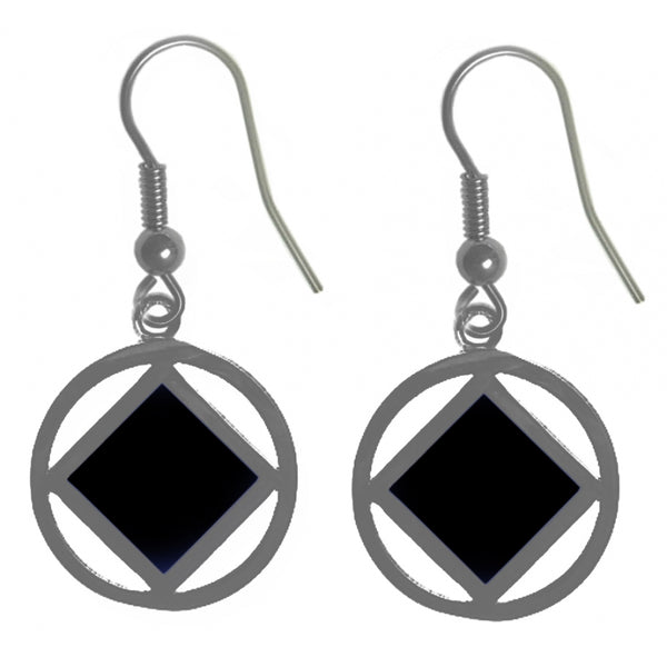 Sterling Silver Earrings, Narcotics Anonymous NA Symbol Square with Black Narcotics Anonymous NA Inlay
