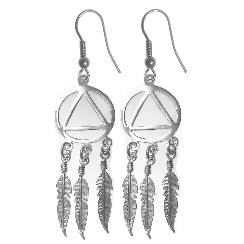 Sterling Silver Earrings, Alcoholics Anonymous AA Symbol with 3 Feathers