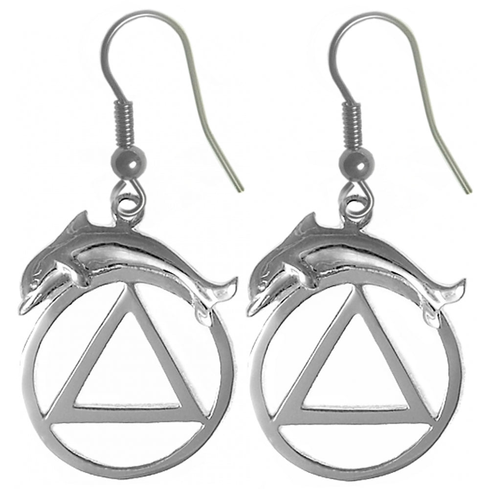 Sterling Silver Earrings, Alcoholics Anonymous AA Symbol with a Dolphin