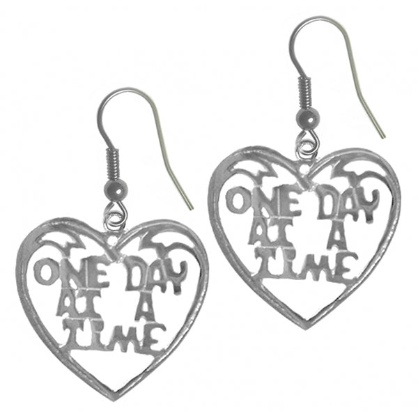 Sterling Silver, Sayings Earrings, Heart with "One Day At A Time"