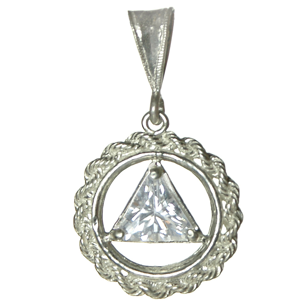 Sterling Silver Rope Style Circle Pendant with 8mm Triangle Birthstone – 12-Step Recovery Jewelry