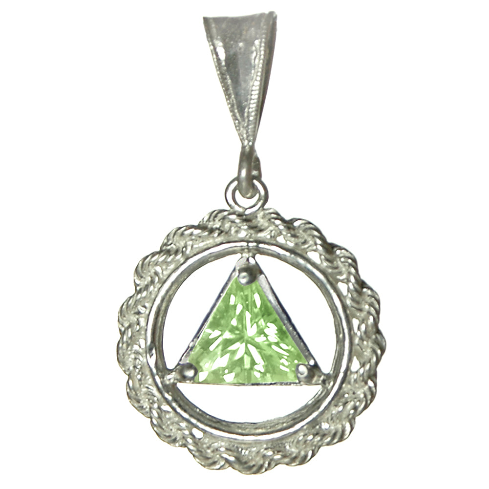 Sterling Silver Rope Style Circle Pendant with 8mm Triangle Birthstone – 12-Step Recovery Jewelry