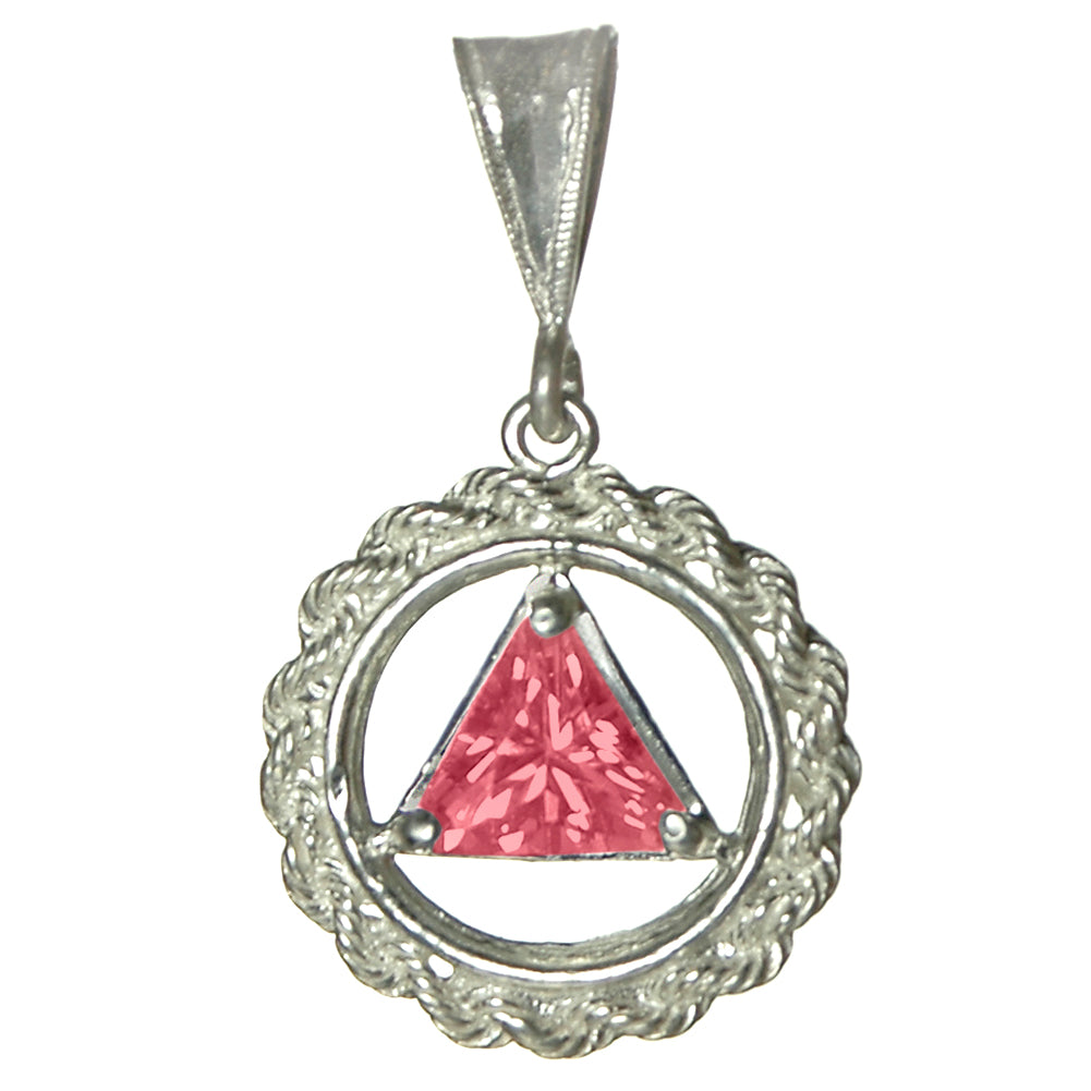 Sterling Silver Rope Style Circle Pendant with 8mm Triangle Birthstone – 12-Step Recovery Jewelry