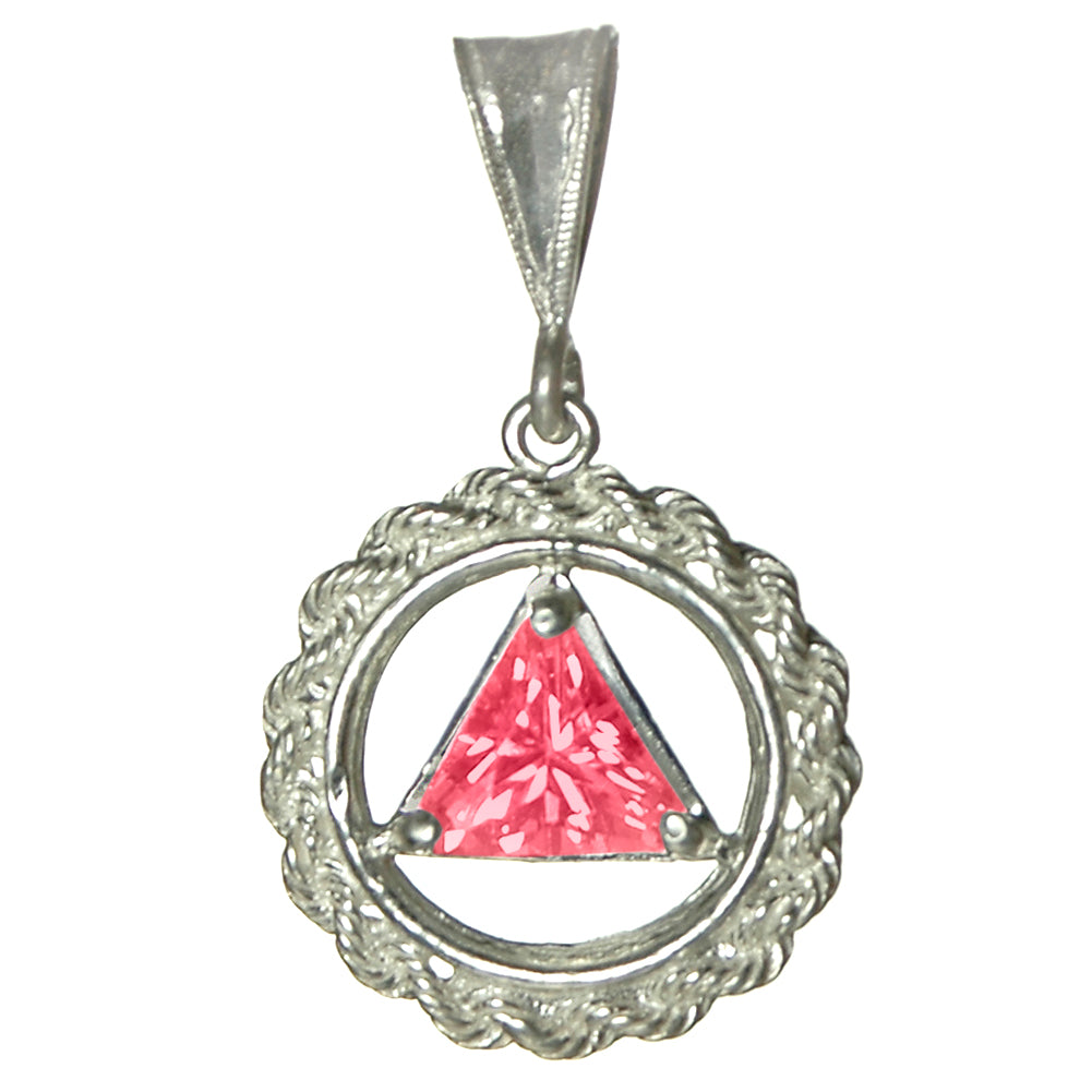 Sterling Silver Rope Style Circle Pendant with 8mm Triangle Birthstone – 12-Step Recovery Jewelry