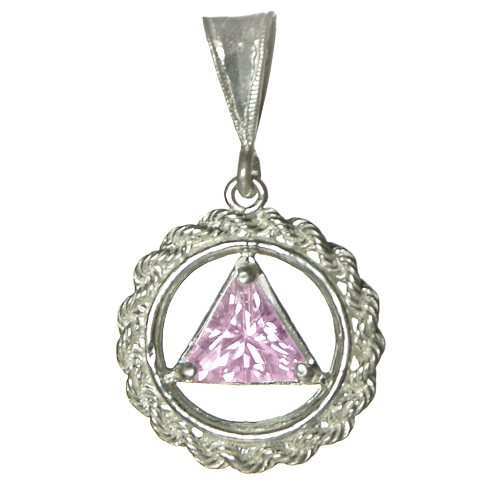 Sterling Silver Rope Style Circle Pendant with 8mm Triangle Birthstone – 12-Step Recovery Jewelry