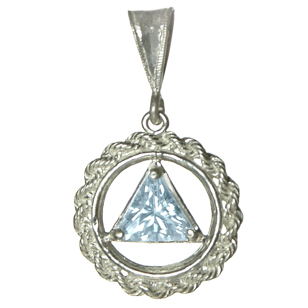 Sterling Silver Rope Style Circle Pendant with 8mm Triangle Birthstone – 12-Step Recovery Jewelry