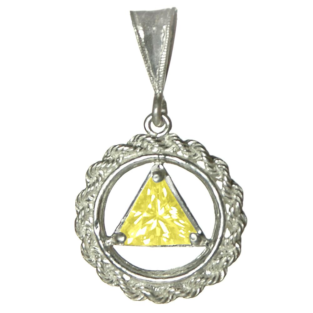 Sterling Silver Rope Style Circle Pendant with 8mm Triangle Birthstone – 12-Step Recovery Jewelry