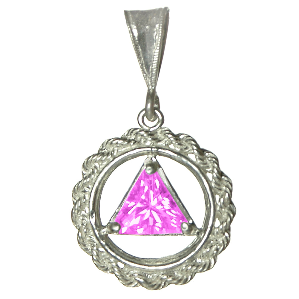 Sterling Silver Rope Style Circle Pendant with 8mm Triangle Birthstone – 12-Step Recovery Jewelry
