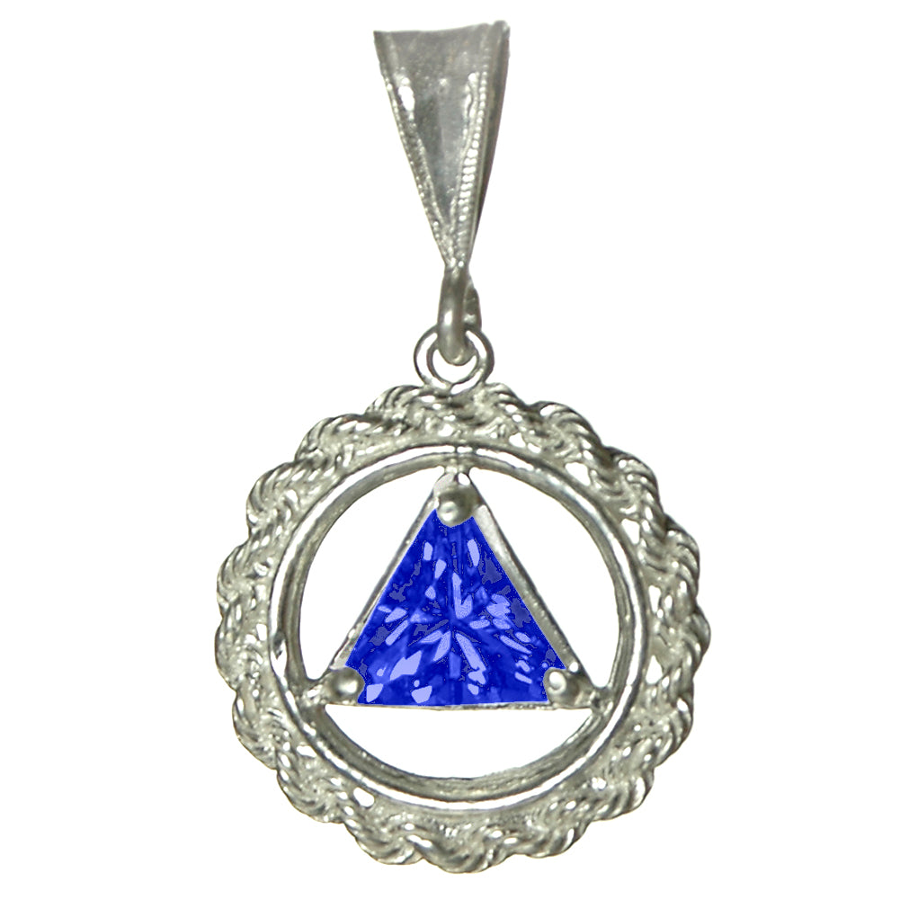 Sterling Silver Rope Style Circle Pendant with 8mm Triangle Birthstone – 12-Step Recovery Jewelry