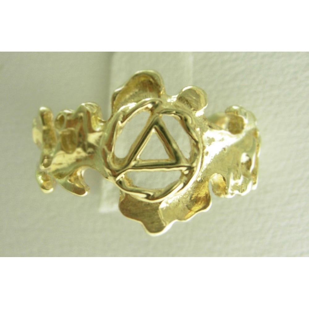 14k Gold Ring, Alcoholics Anonymous AA Symbol with a Leaf Style Design
