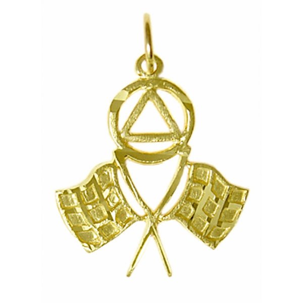 14k Gold Pendant, Alcoholics Anonymous AA Symbol, Double Racing Flags