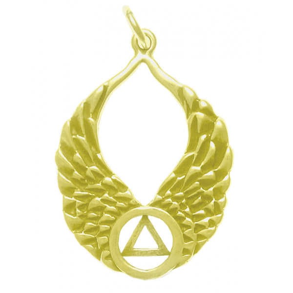 14k Gold Pendant, Alcoholics Anonymous AA Recovery Symbol on Beautiful Angel Wings