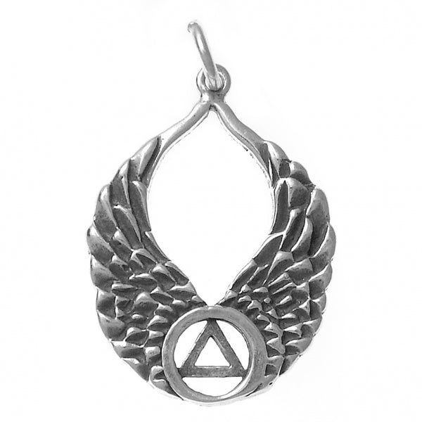 Sterling Silver Pendant, Alcoholics Anonymous AA Recovery Symbol on Beautiful Angel Wings