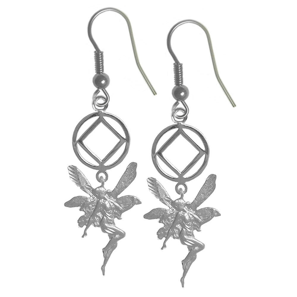 Sterling Silver Earrings, Narcotics Anonymous NA Recovery Symbol with a Magical Fairy
