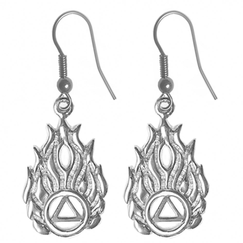 Sterling Silver Earrings, Alcoholics Anonymous AA Symbol in Flames