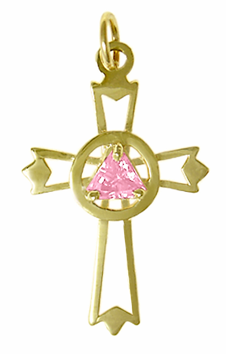 14k Gold Pendant, Alcoholics Anonymous AA Symbol set inside Cross, Available in 12 Different Triangle Birthstones