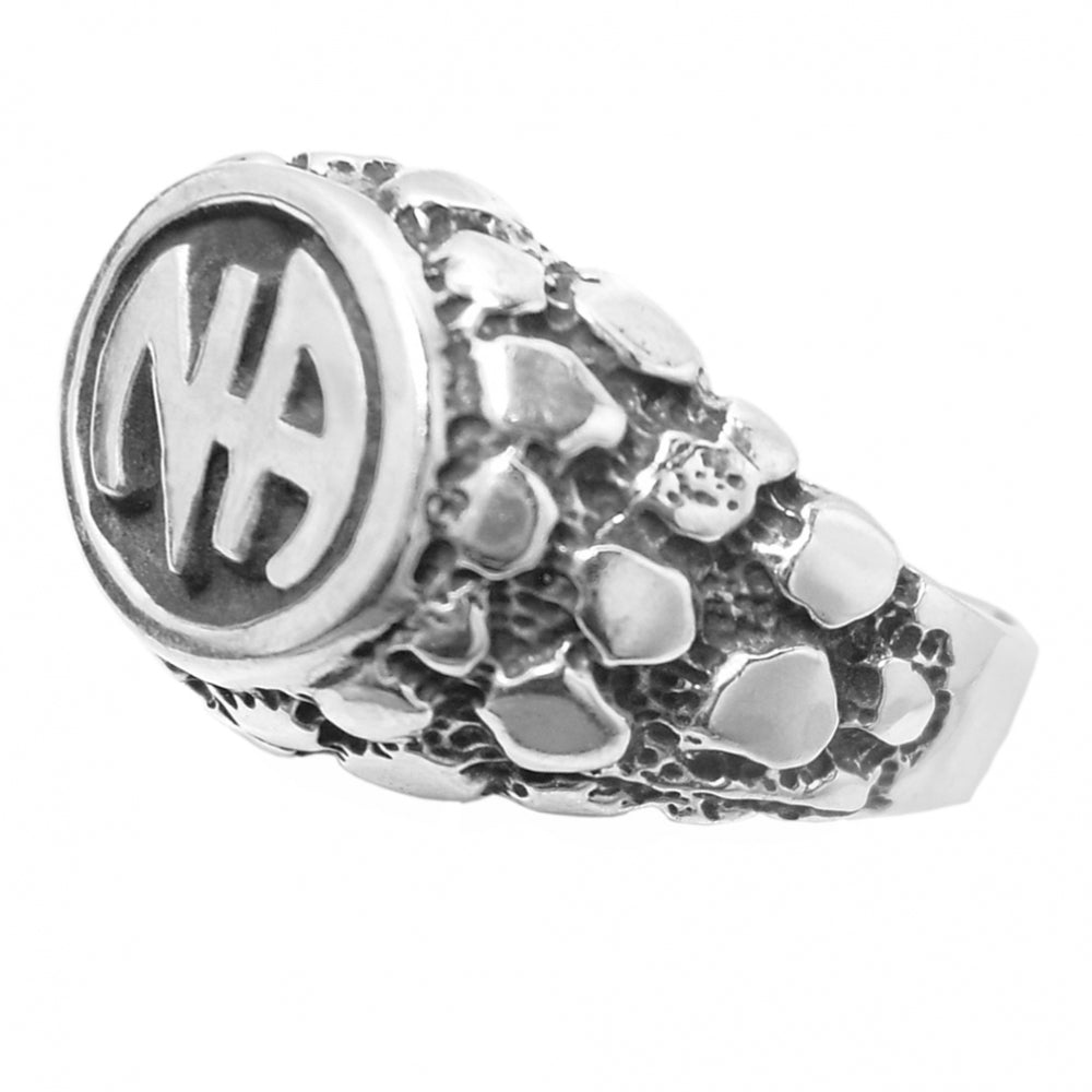 Sterling Silver Mens Ring with Narcotics Anonymous NA Initials in a Wide Nugget Style
