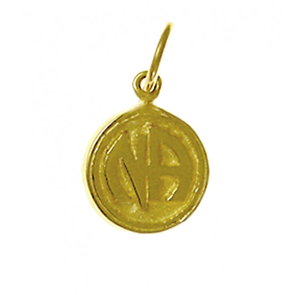 14k Gold Pendant, "Narcotics Anonymous" NA Initials in Solid Textured Coin Style Circle, Tiny Size