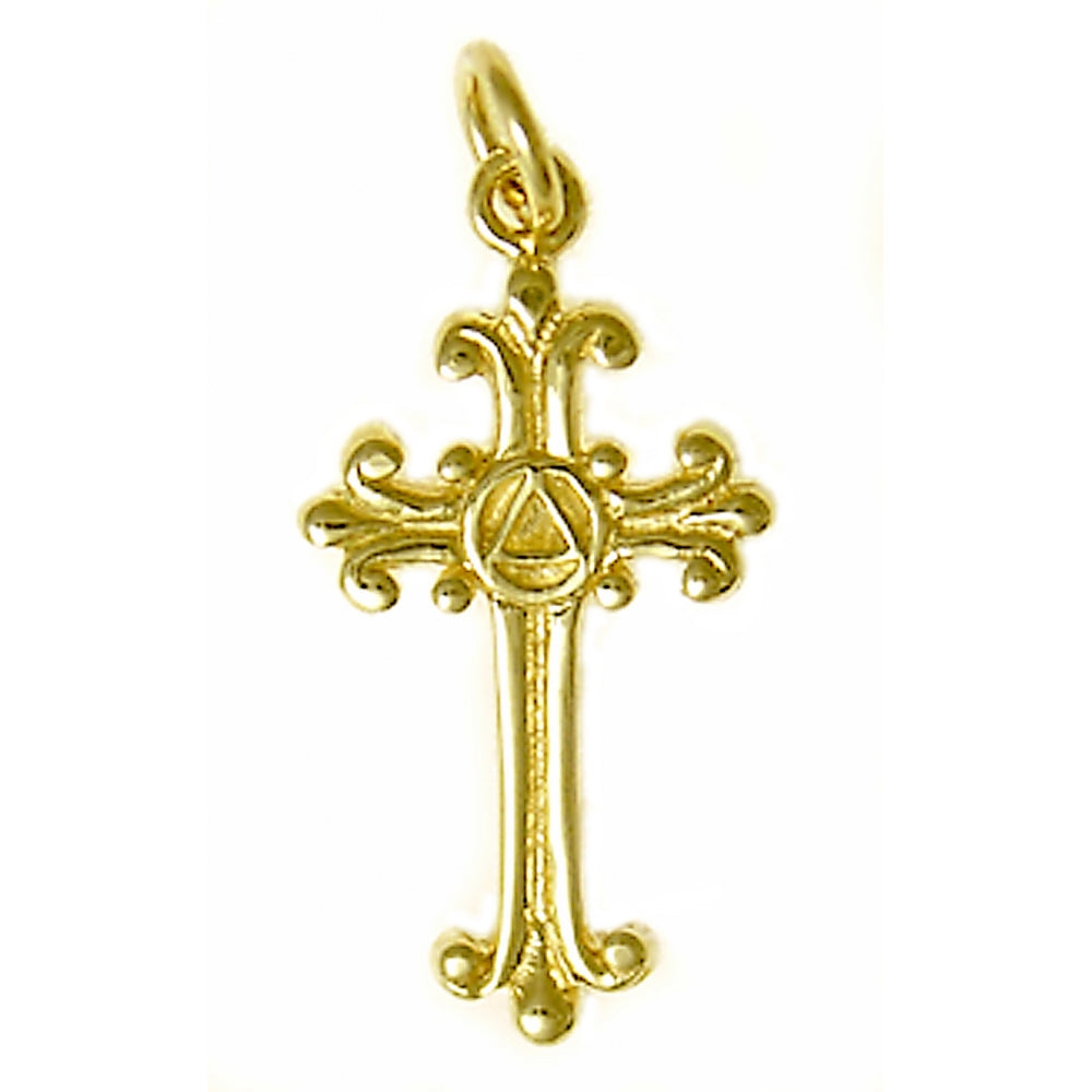 14k Gold Pendant, Alcoholics Anonymous AA Symbol on a Small Lovely Cross