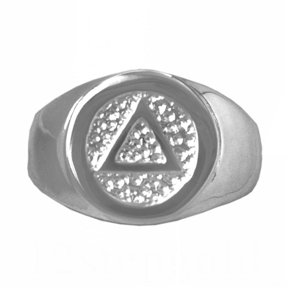 Sterling Silver, Mens Ring with Alcoholics Anonymous AA Symbol in a Wide Signet Style