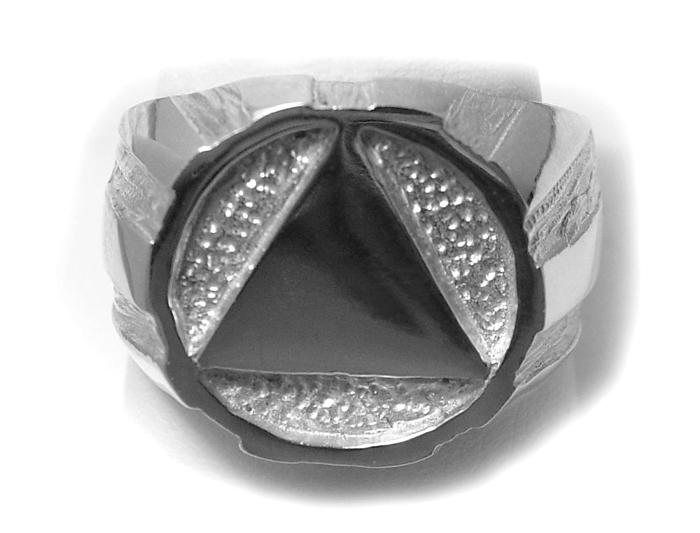 Sterling Silver Mens Ring with Alcoholics Anonymous AA Symbol in a Wide Signet Style